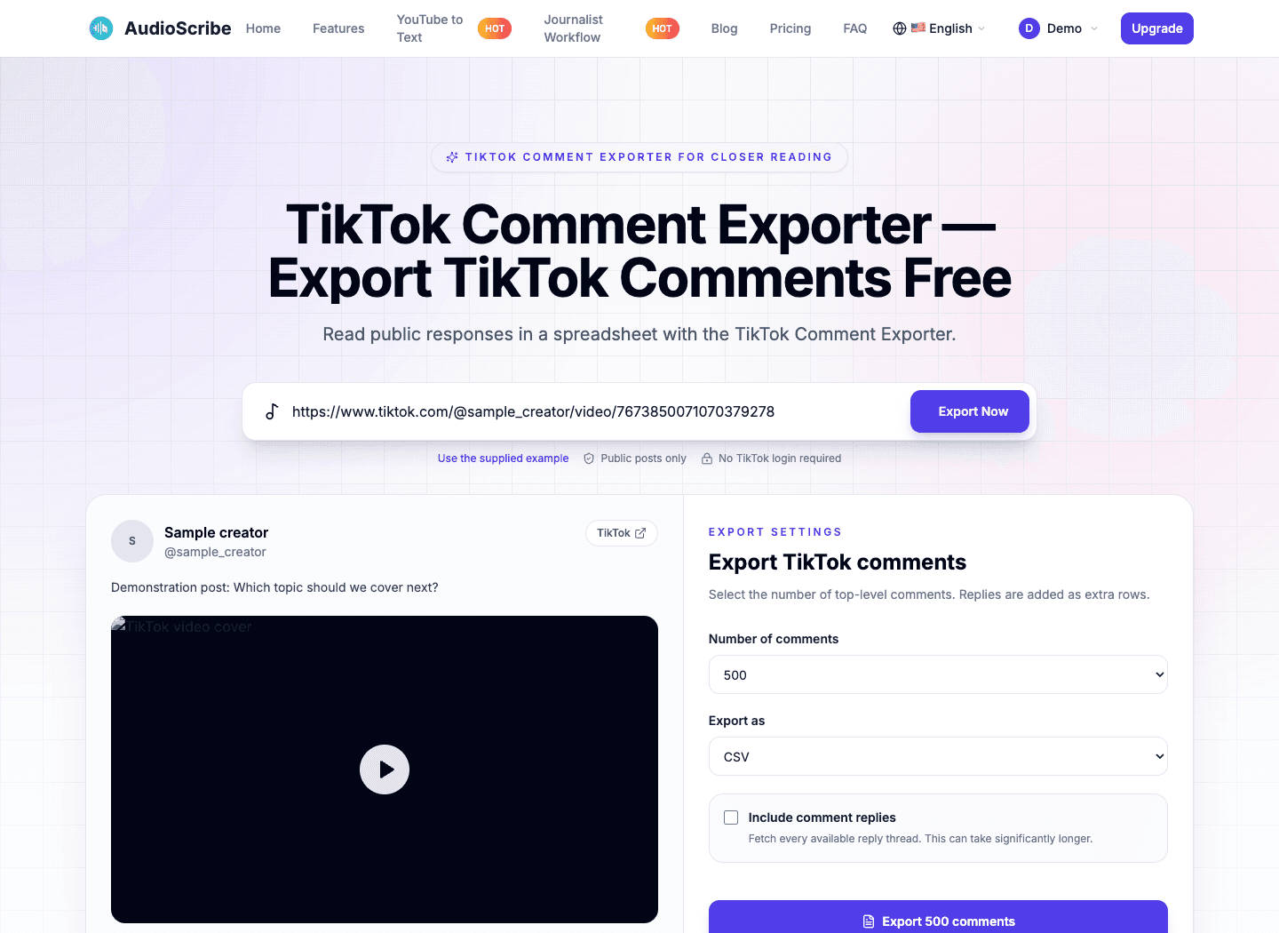 Interfície de AudioScribe per exportar comentaris de TikTok, amb dades d'exemple il·lustratives